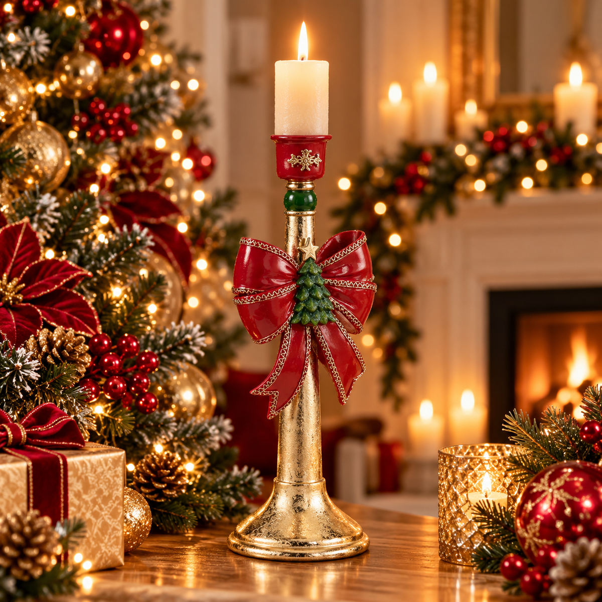 Polyresin Candle Holder with Red & Gold Bow
