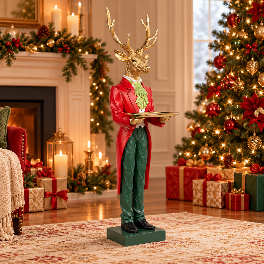 Red Polyresin Reindeer with Tray