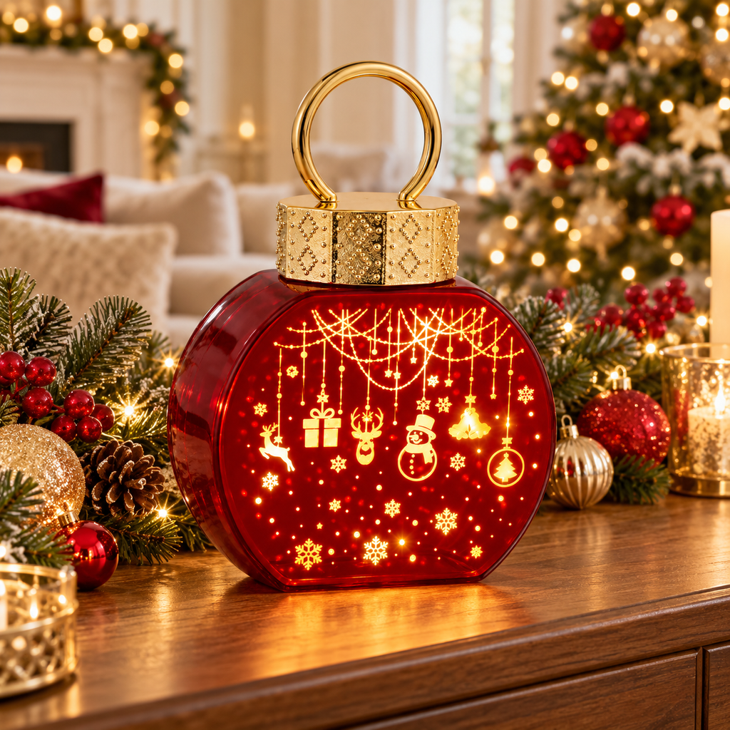 Red Glass Christmas Bauble with Warm LED Light