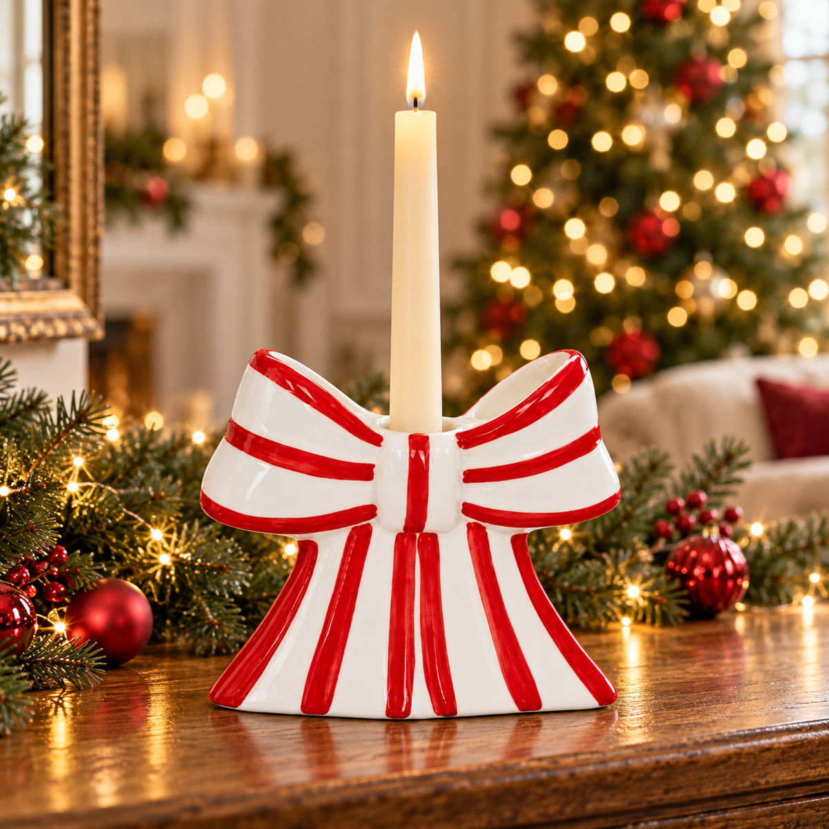 White & Red Ceramic Bow Candle Holder