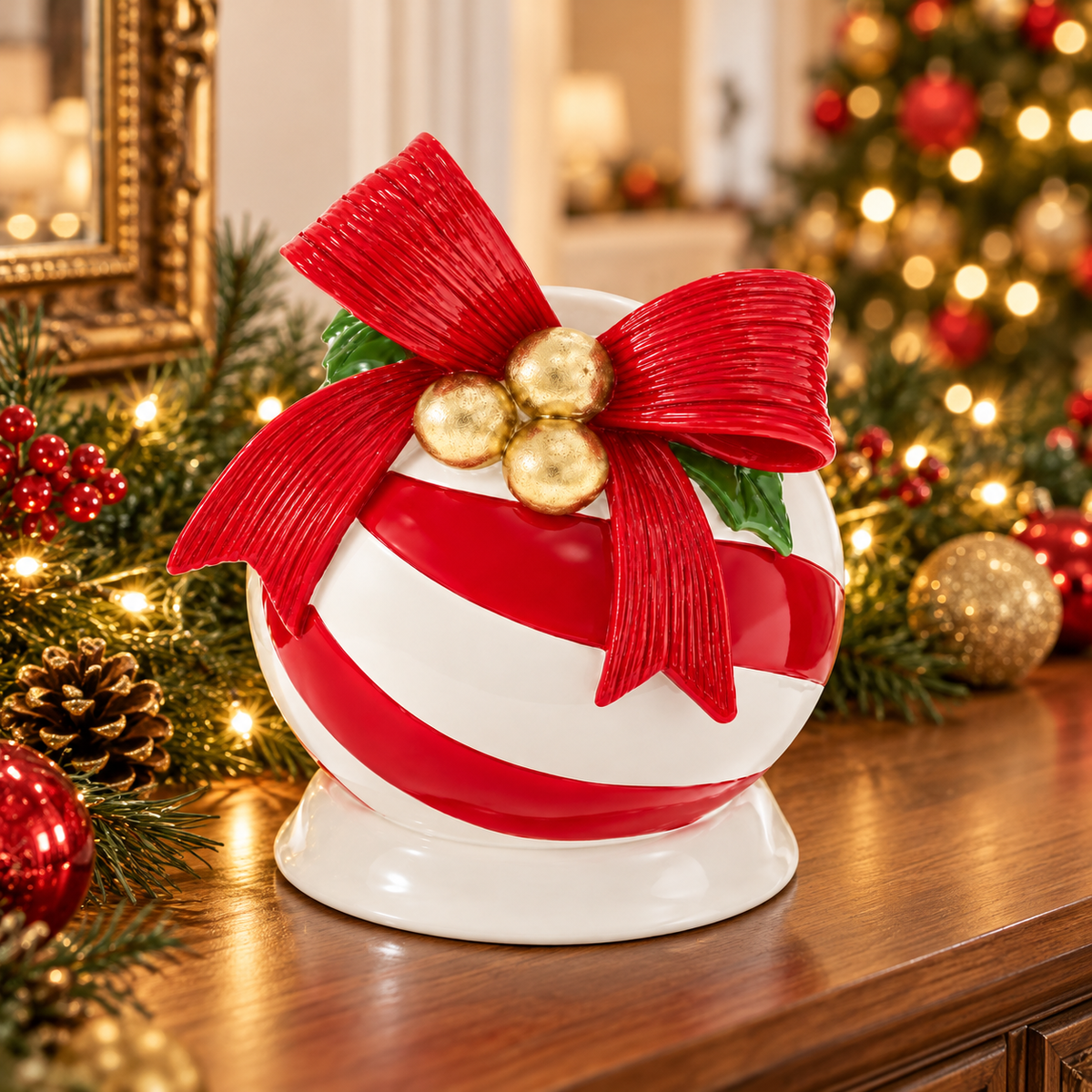 Red & White Polyresin Bauble Candle Holder
