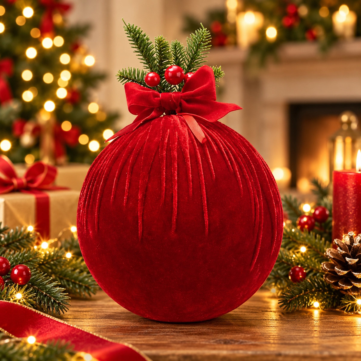 Red Velvet Foam Christmas Bauble with Fir Branch & Bow