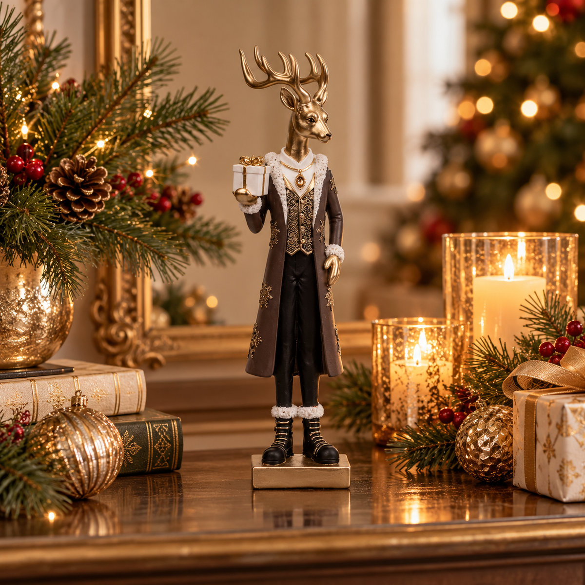 Polyresin Regal Reindeer in Brown Attire with Gift
