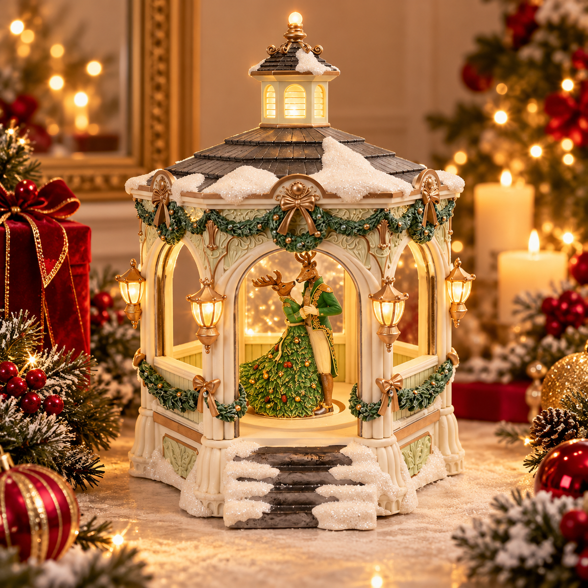 Dancing Reindeer Pair in Christmas Kiosk with Lights, Music & Motion