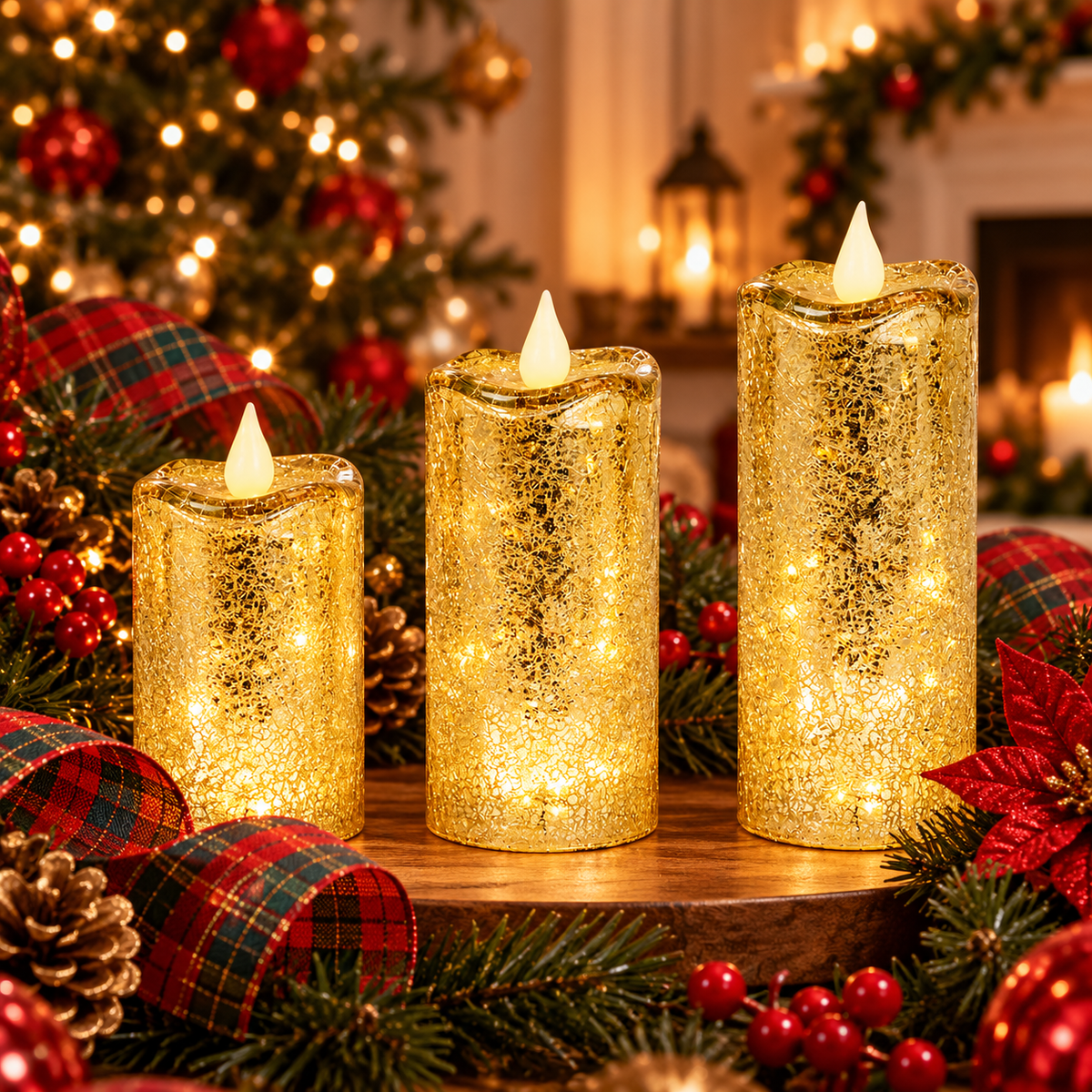 Gold Crackle Glass Candle with Two Lighting Modes