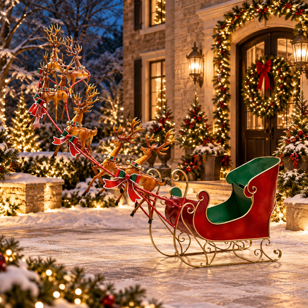 Metal Sleigh with Seven Reindeer