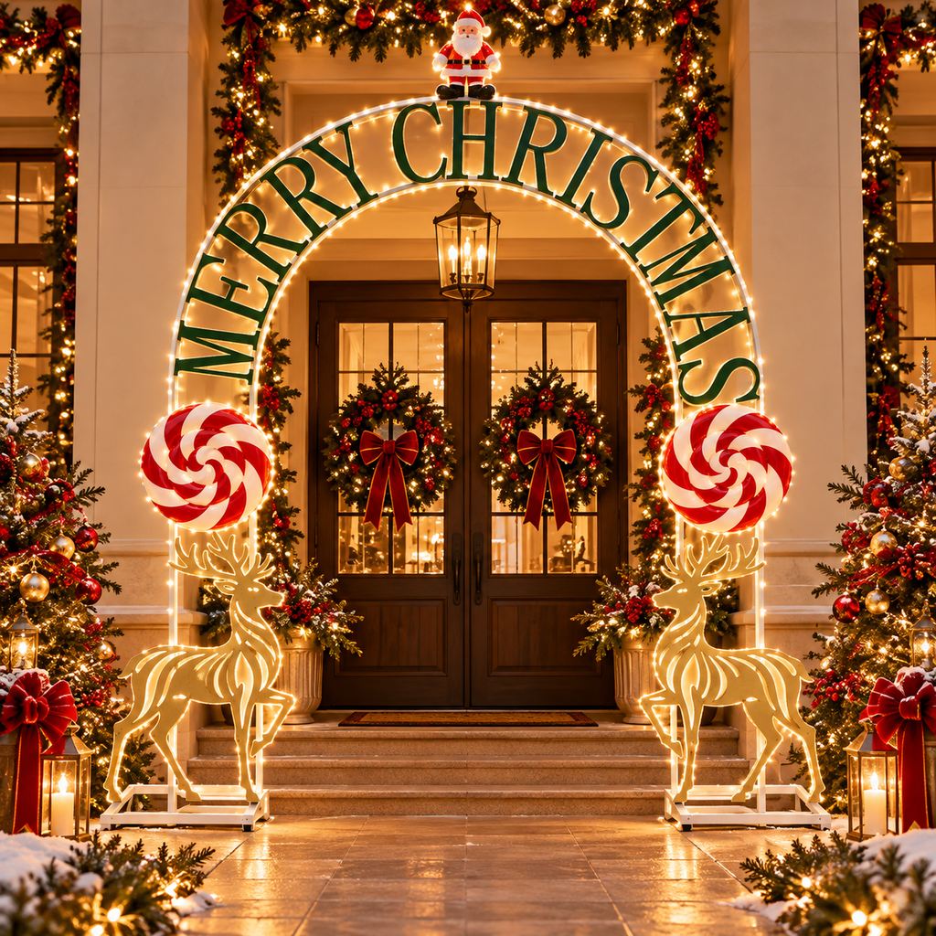 Metal Arch with Gold Reindeer & Candy Decorations