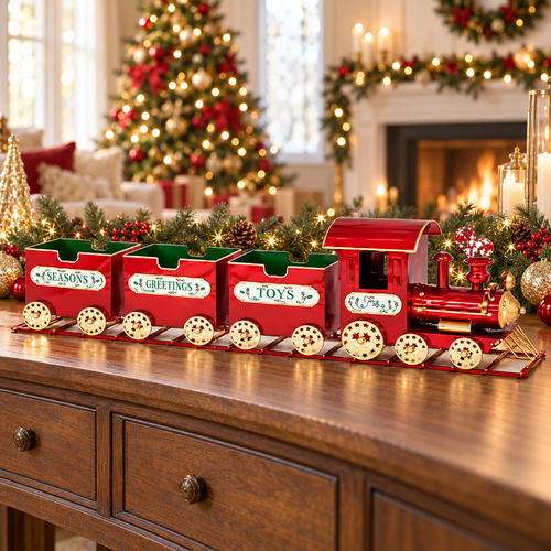 Red Metal Christmas Train on Tracks