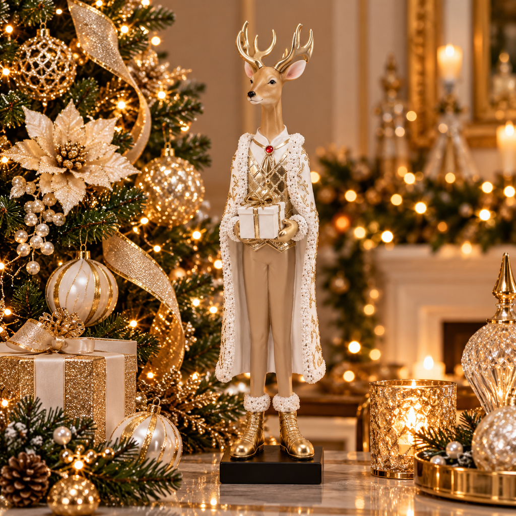 Polyresin Reindeer with White Cape and Gift