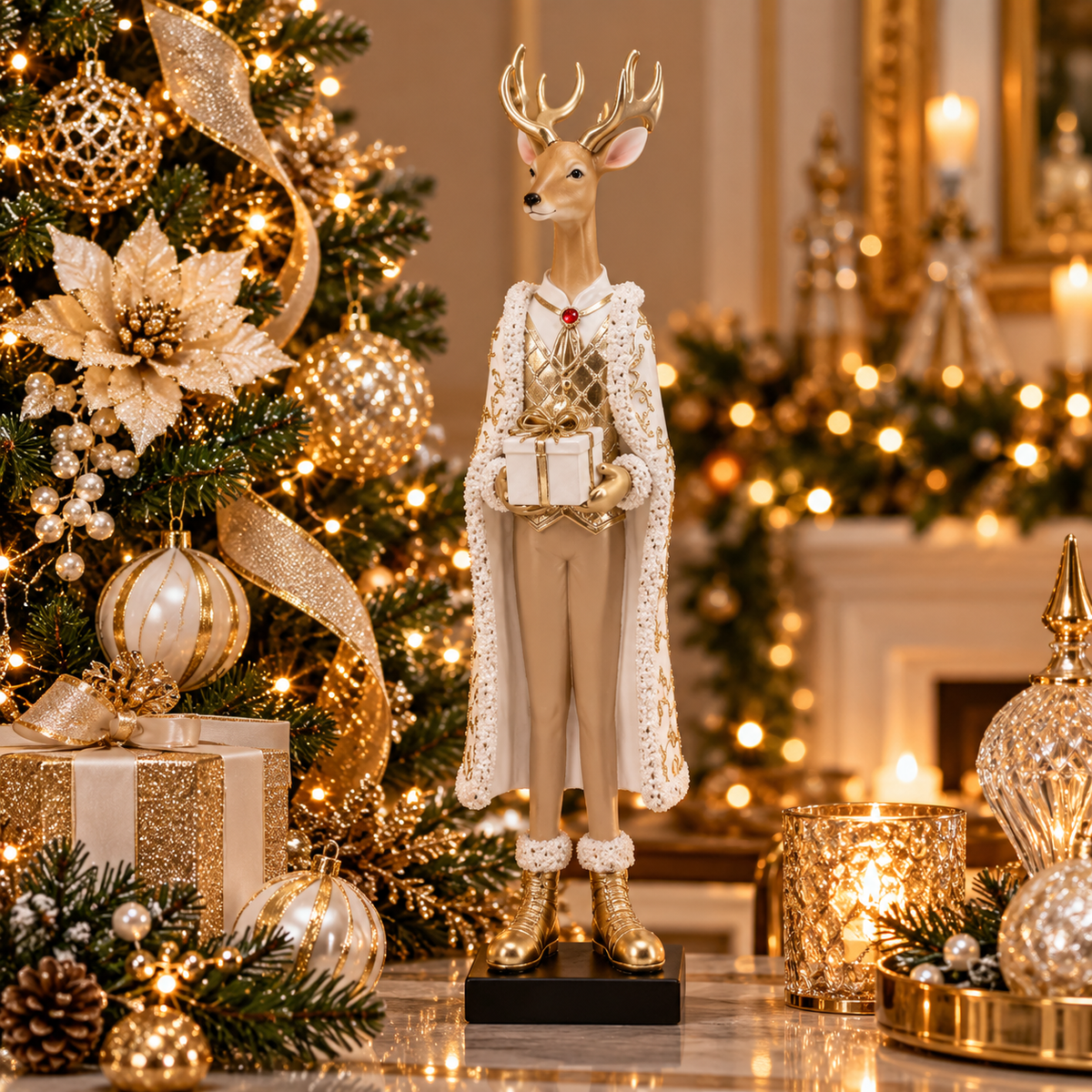 Polyresin Reindeer with White Cape and Gift