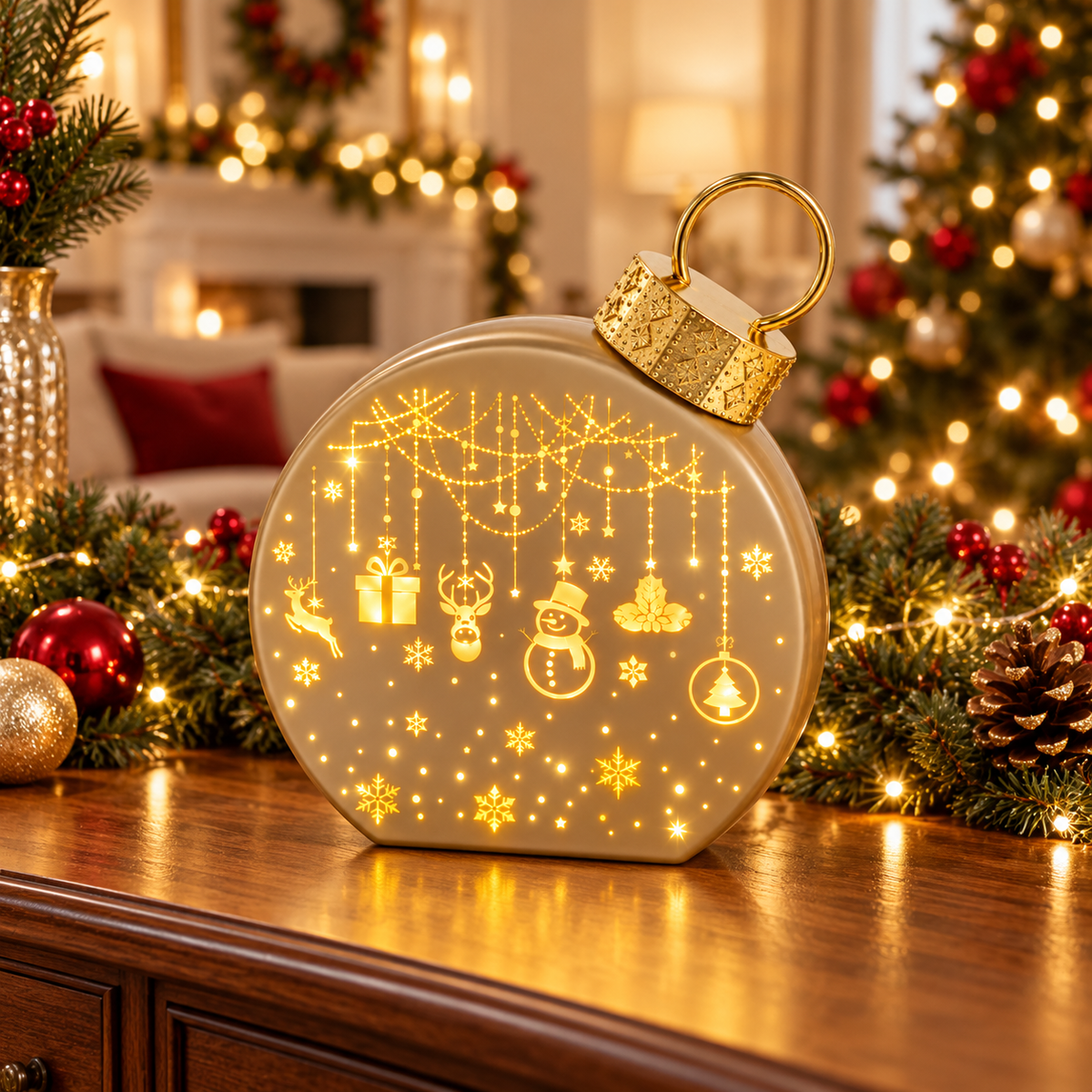 Gold Glass Christmas Bauble with Warm LED Light