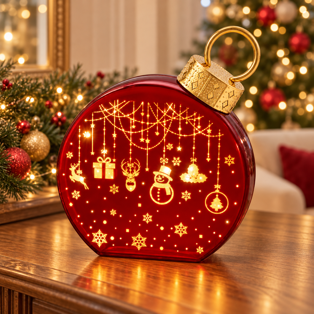 Red Glass Christmas Bauble with Warm LED Light