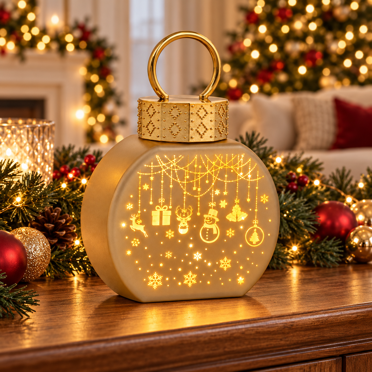 Gold Glass Christmas Bauble with Warm LED Light
