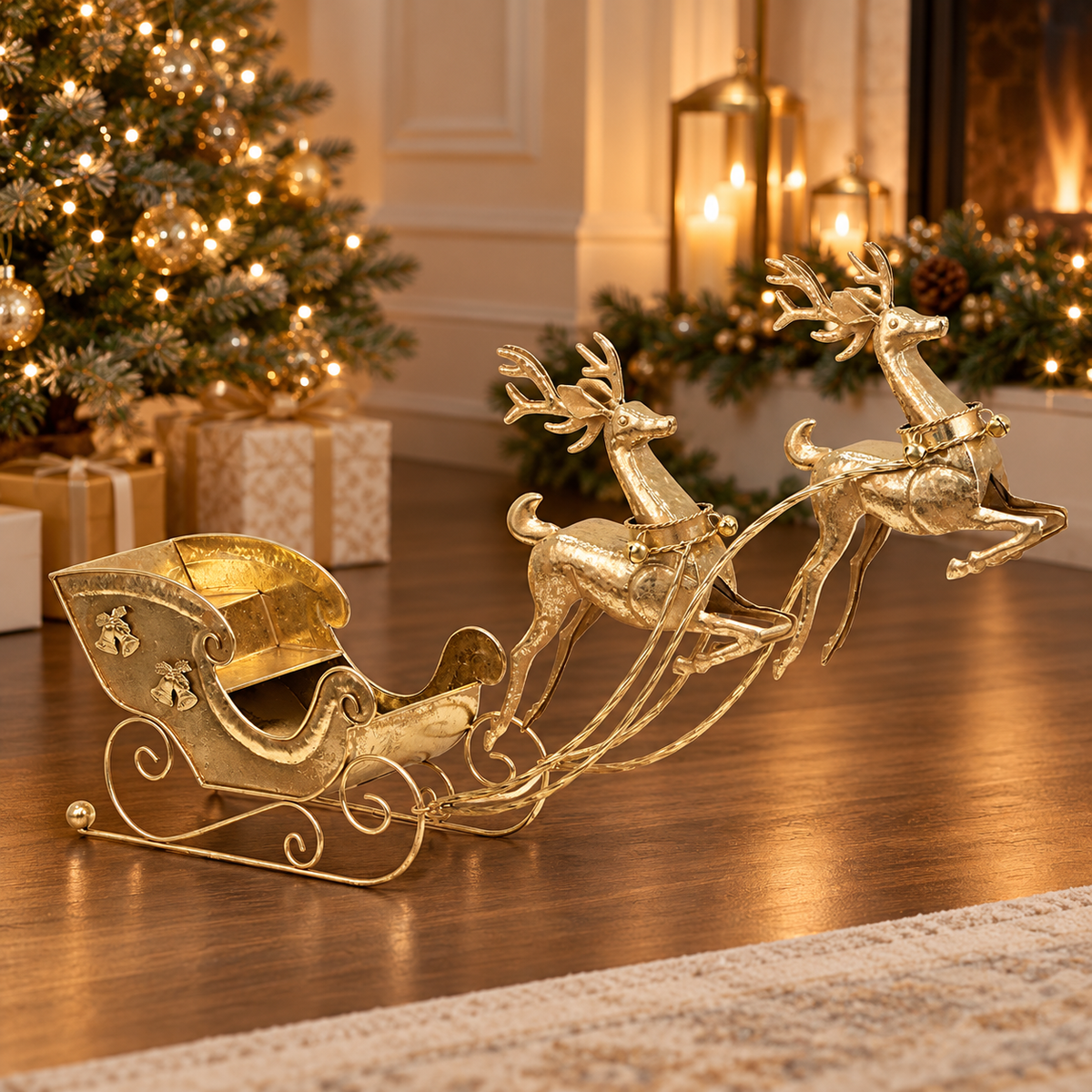 Gold Metal Sleigh with Two Reindeer
