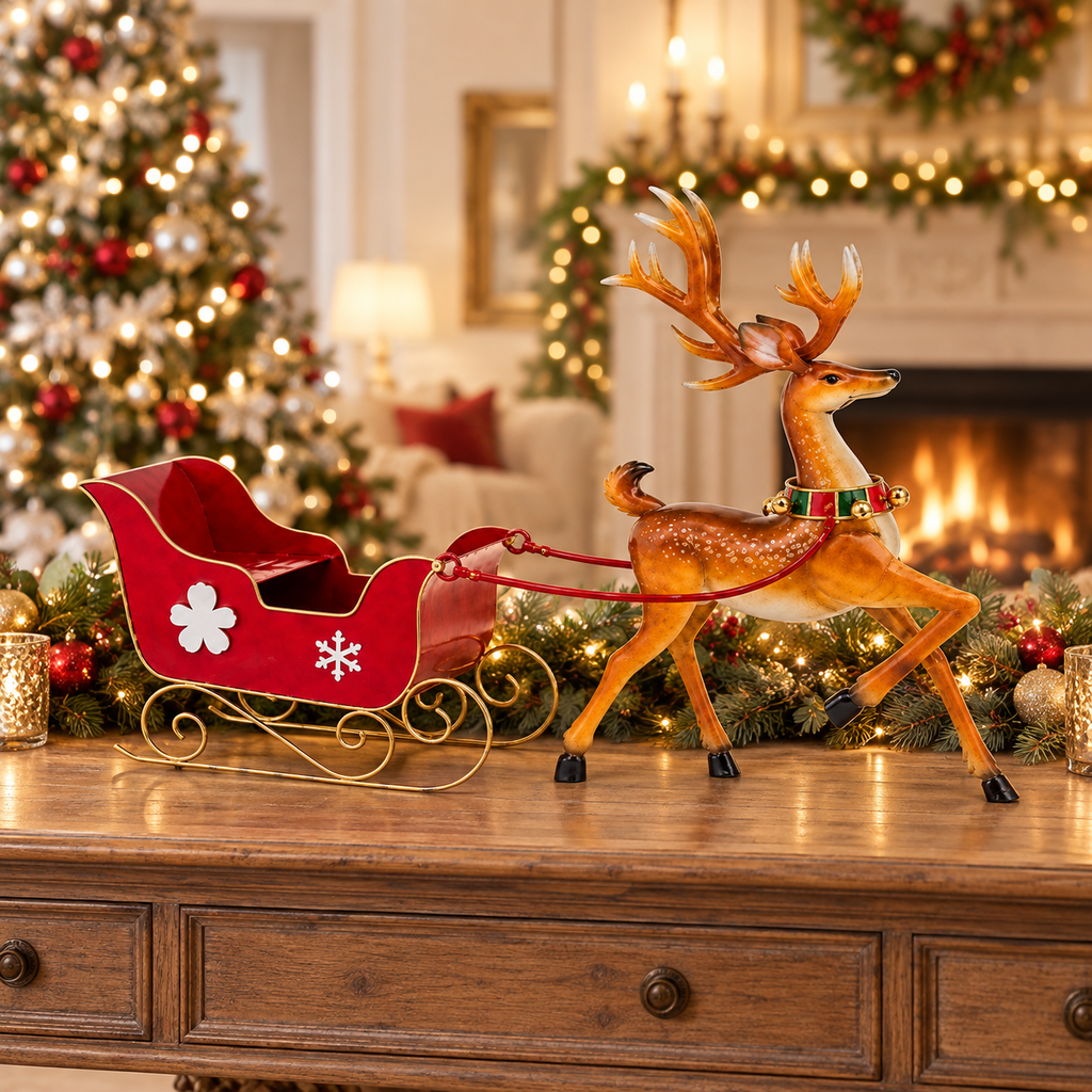Brown Metal Reindeer with Red Metal Sleigh