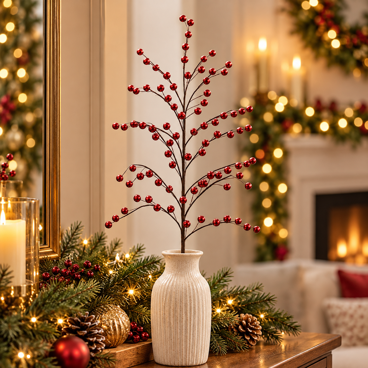 Dense Metallic Red Berry Branch