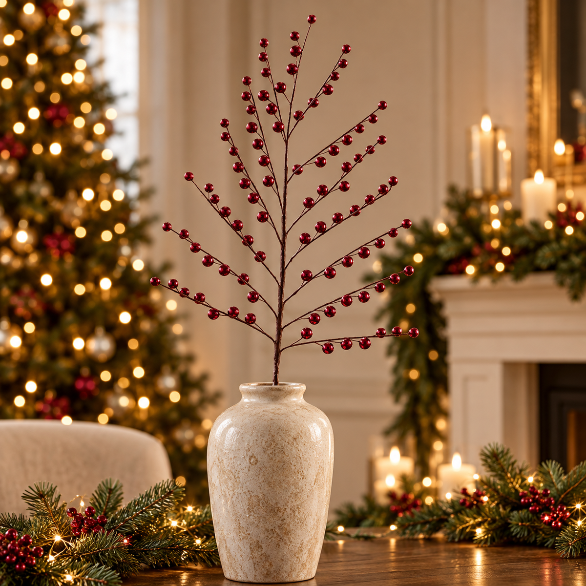 Dense Metallic Burgundy Berry Branch
