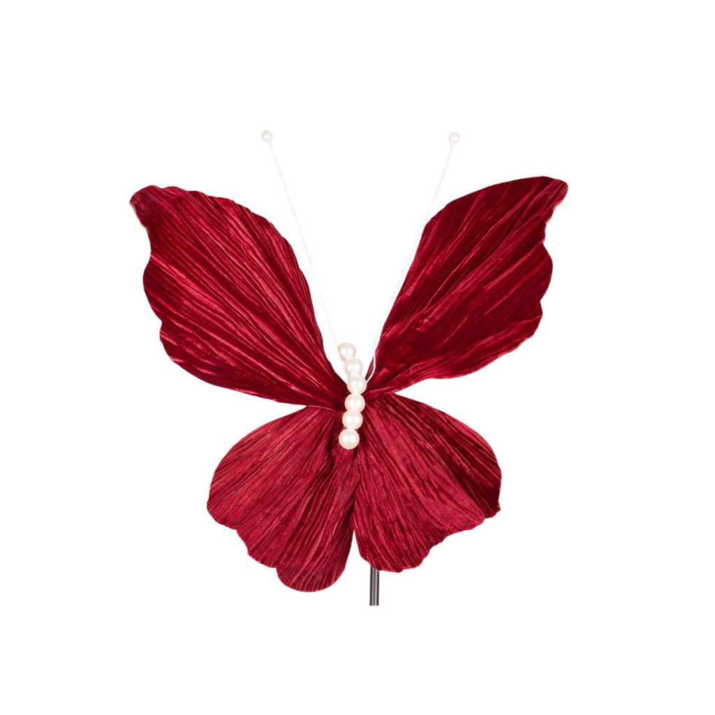 Burgundy Velvet Butterfly with White Pearls