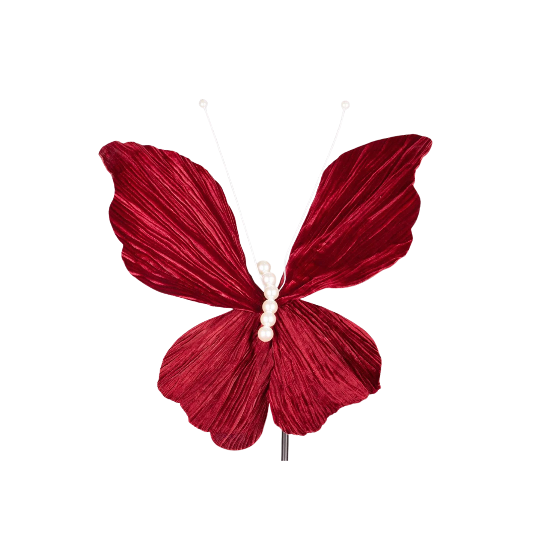 Burgundy Velvet Butterfly with White Pearls