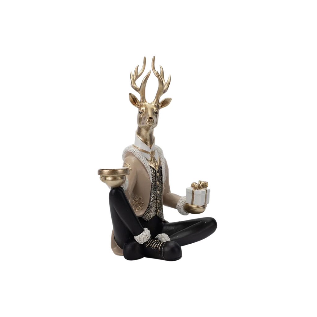 Beige & Gold Polyresin Seated Reindeer with Tray