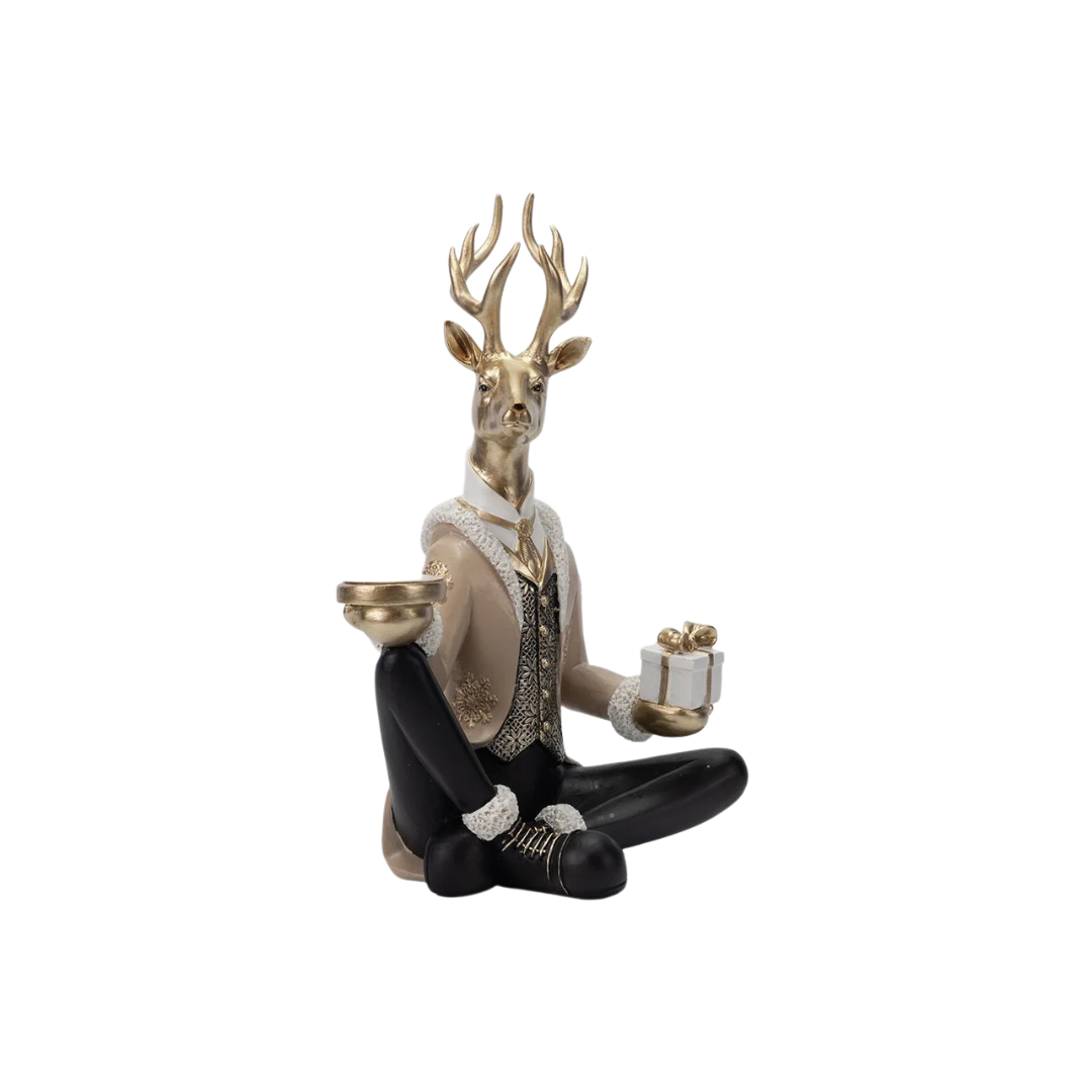 Beige & Gold Polyresin Seated Reindeer with Tray