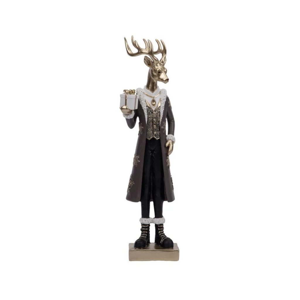 Polyresin Regal Reindeer in Brown Attire with Gift