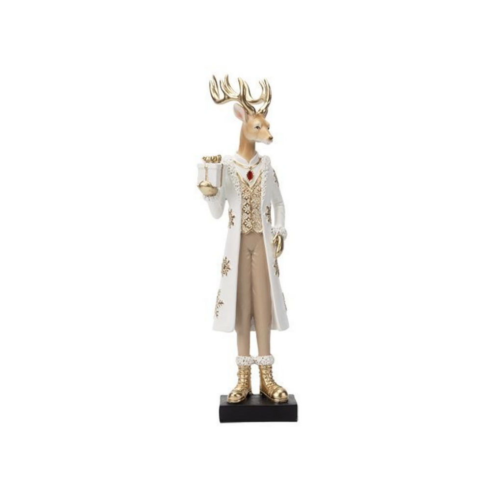 Polyresin Regal Reindeer in White Attire with Gift