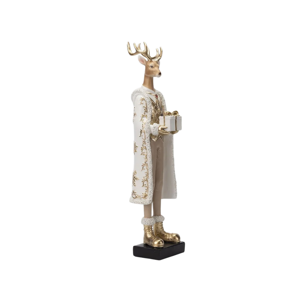 Polyresin Regal Reindeer in White Attire with Gift