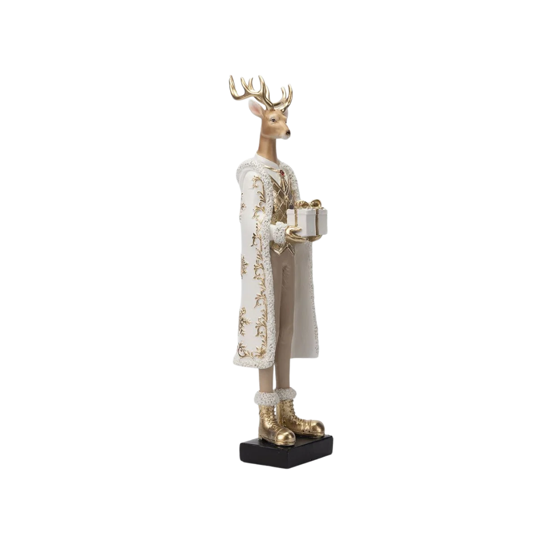 Polyresin Regal Reindeer in White Attire with Gift
