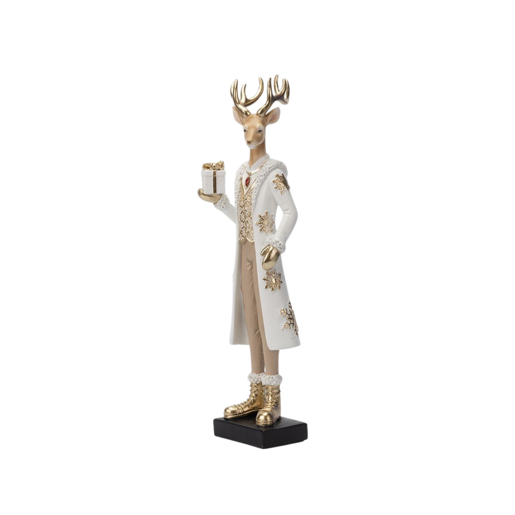 Polyresin Regal Reindeer in White Attire with Gift