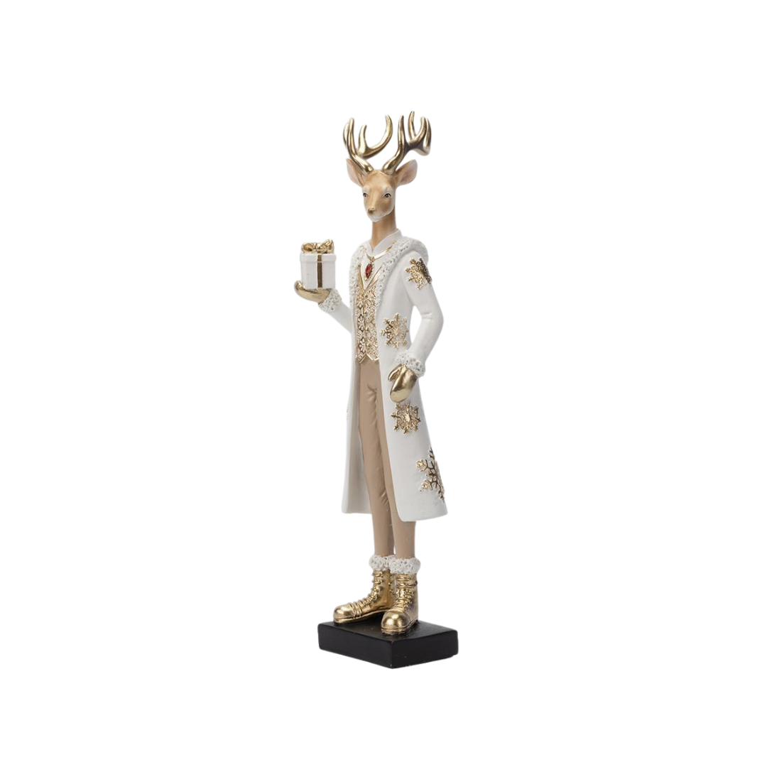 Polyresin Regal Reindeer in White Attire with Gift