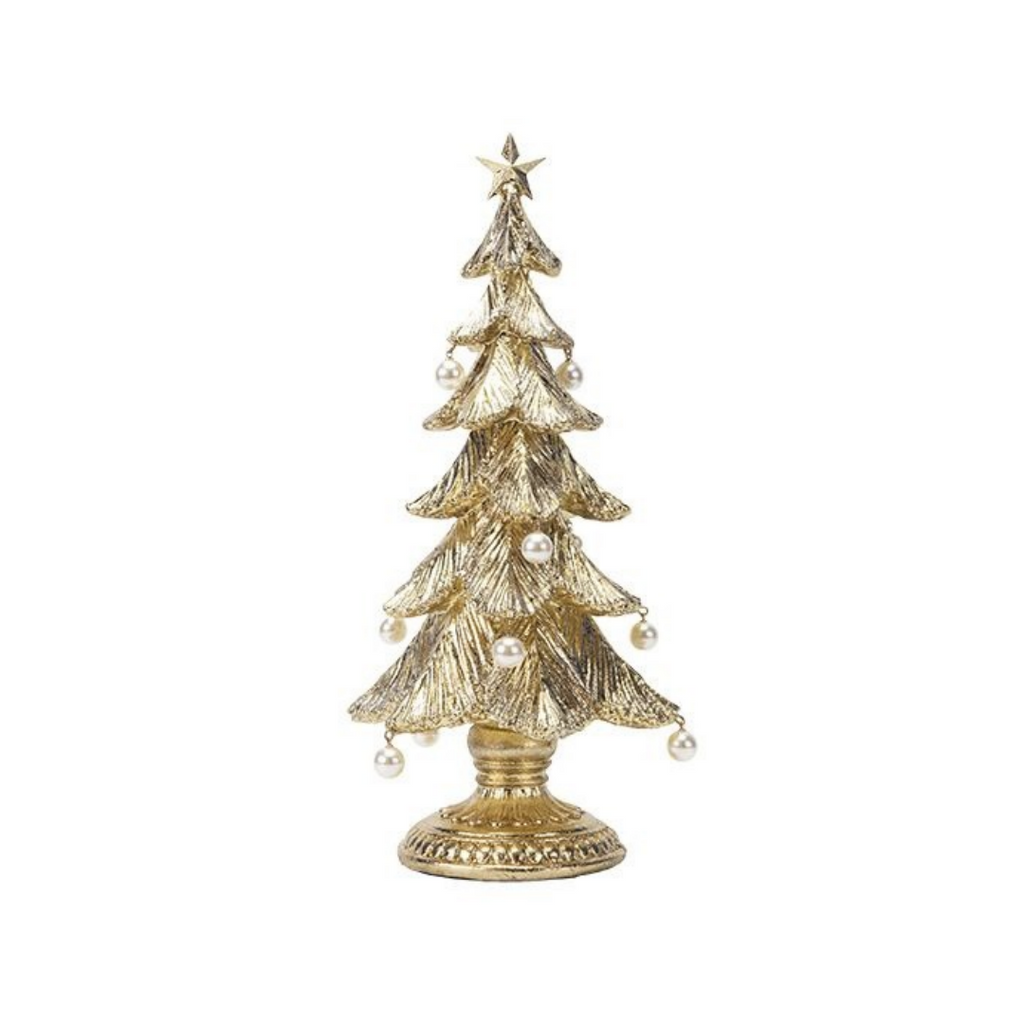 Gold Polyresin Christmas Tree with White Pearls