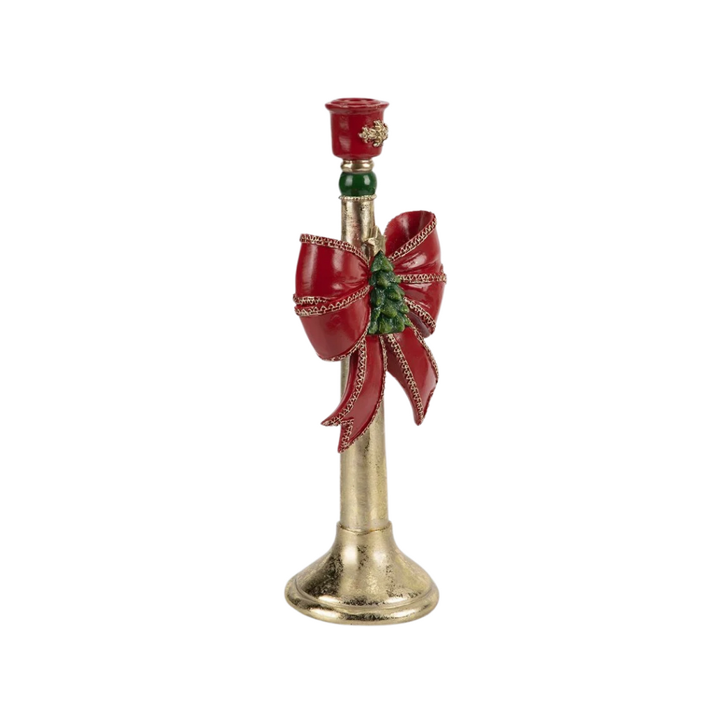 Polyresin Candle Holder with Red & Gold Bow
