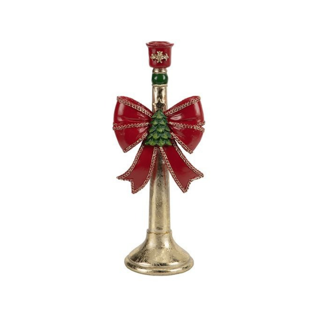 Polyresin Candle Holder with Red & Gold Bow