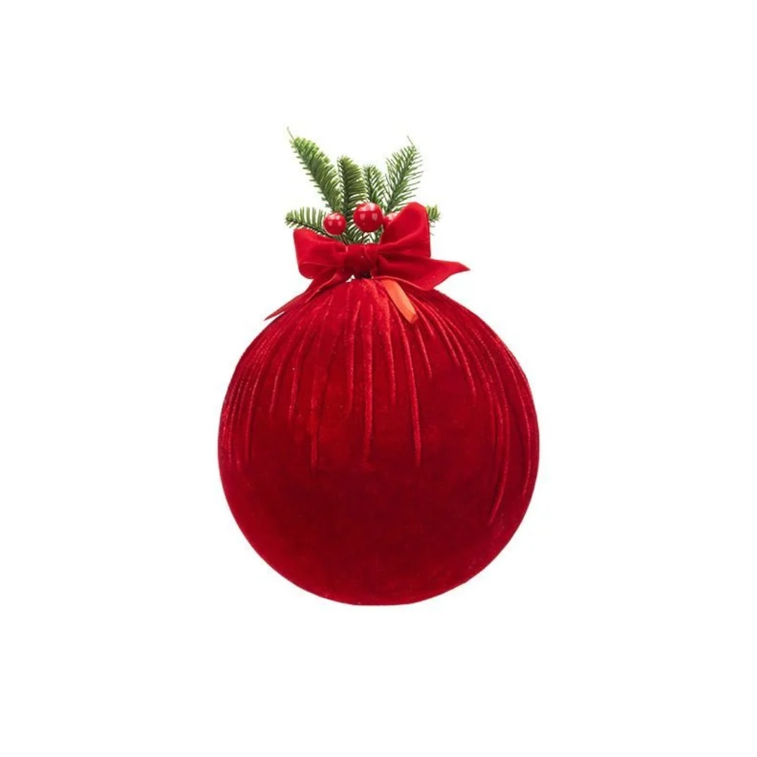 Red Velvet Foam Christmas Bauble with Fir Branch & Bow