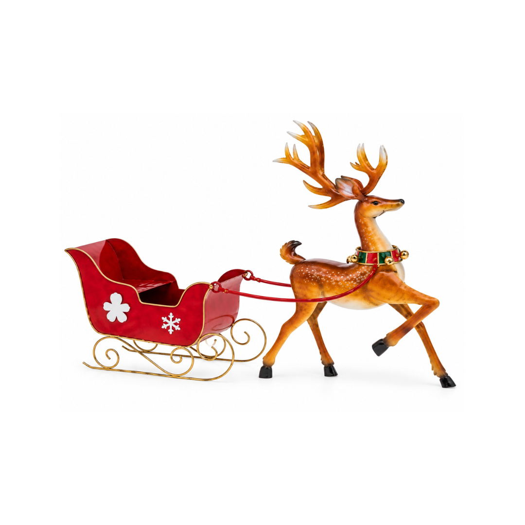 Brown Metal Reindeer with Red Metal Sleigh
