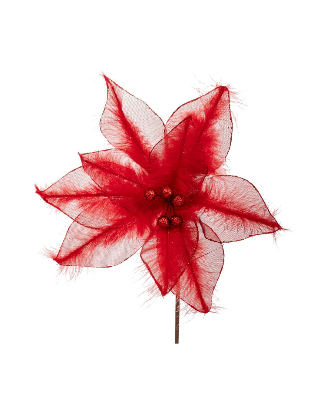 Artificial Red Poinsettia Branch With Feathers 91427
