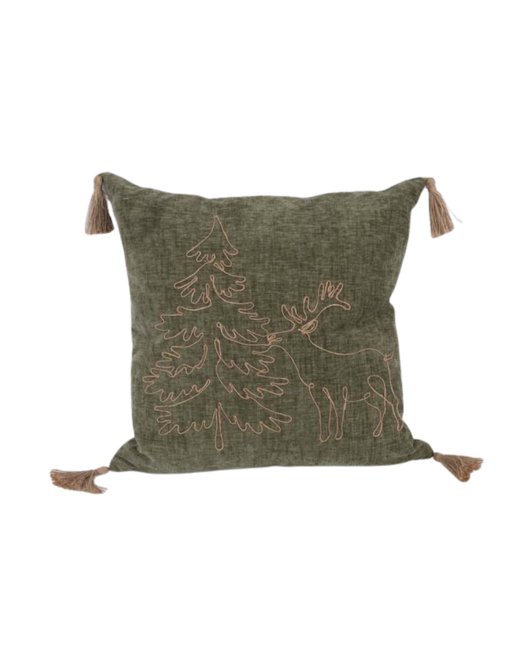 Olive Green Pillow with Christmas Tree and Deer