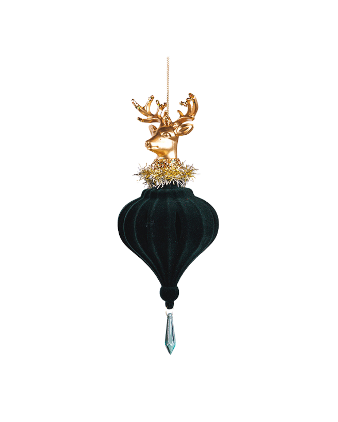 Emerald Green Velvet Hanging Ornament with Gold Deer