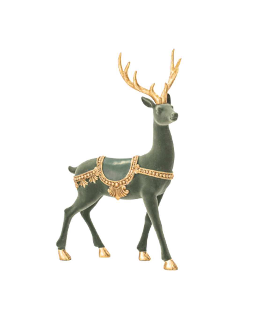 Olive Green Velvet Standing Reindeer with Gold Horns