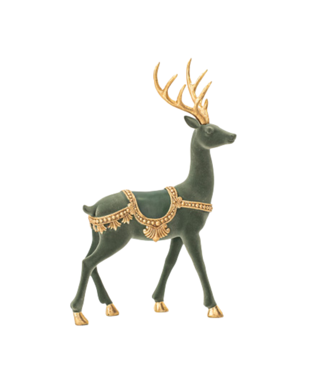 Olive Green Velvet Standing Reindeer with Gold Horns