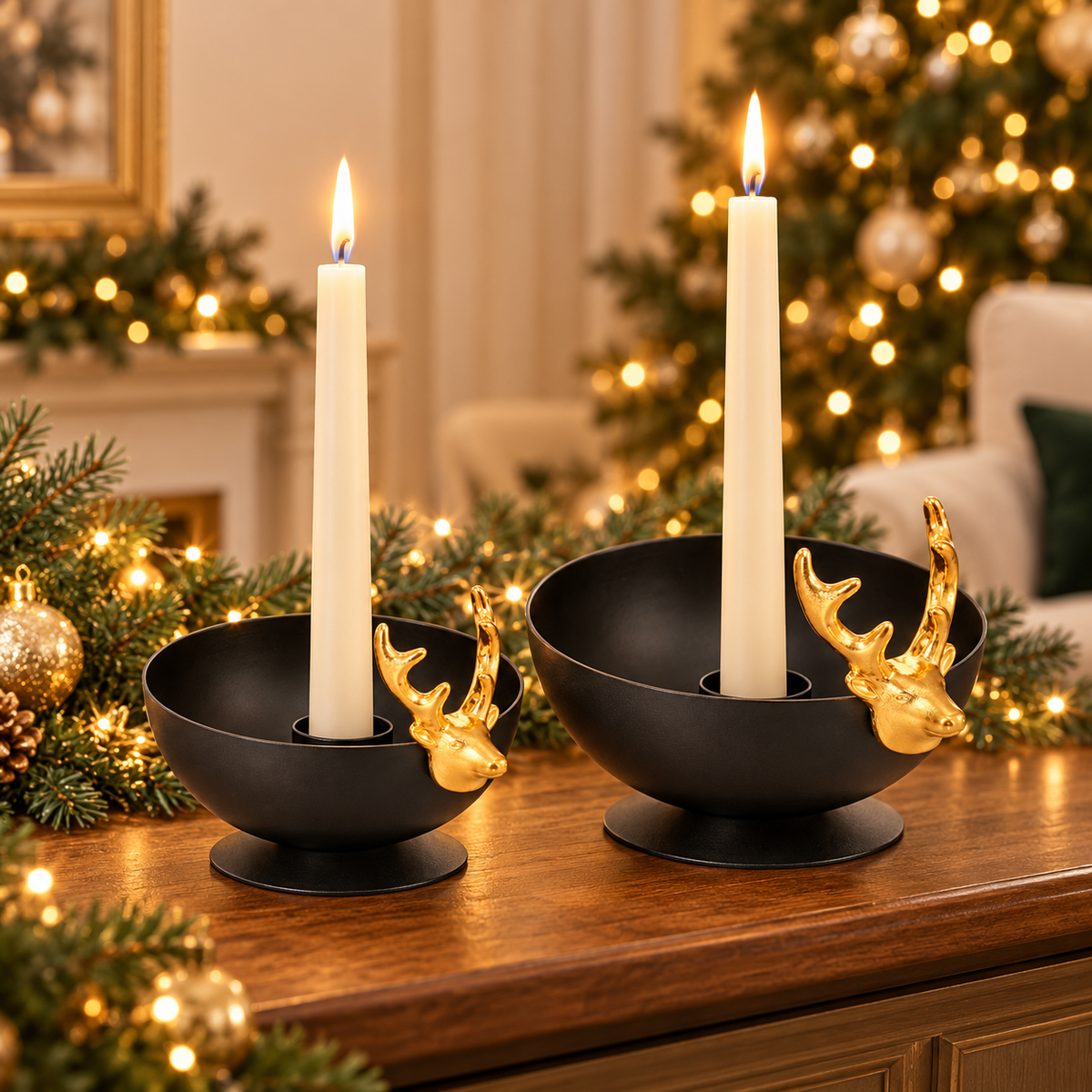 Black Metal Candle Holder with Gold Deer