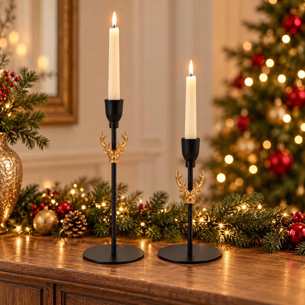 Black Metal Candle Holder with Gold Deer