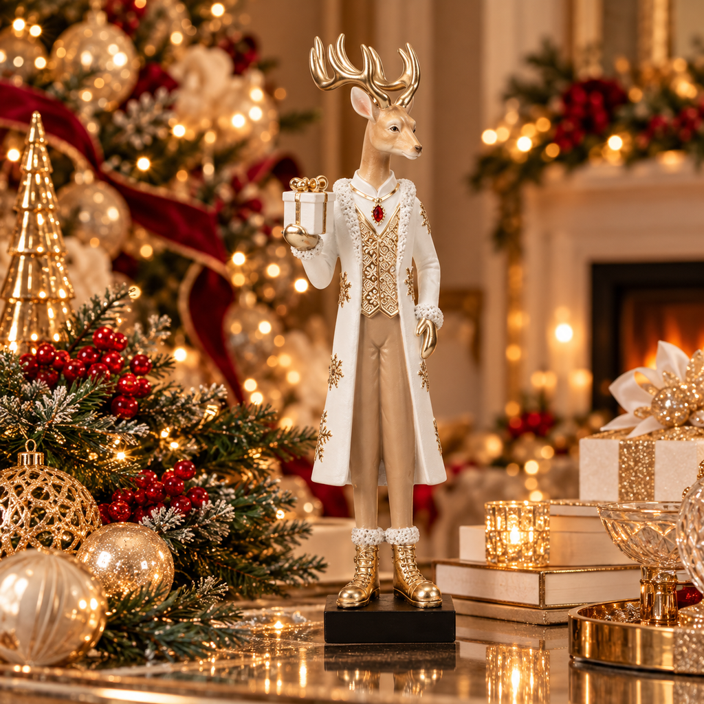 Polyresin Regal Reindeer in White Attire with Gift