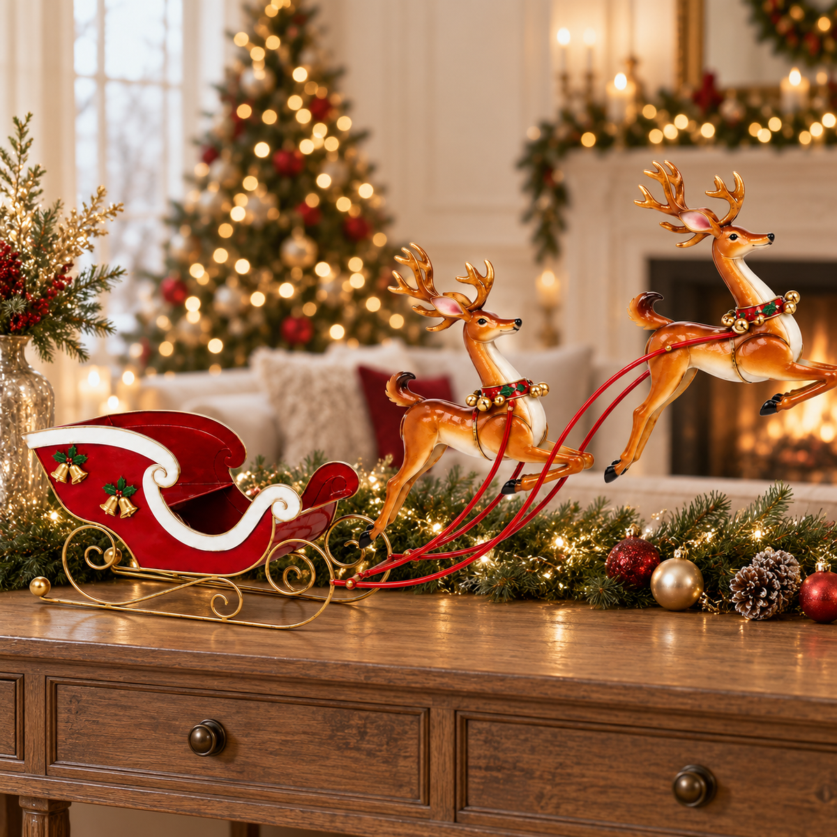 Red Metal Sleigh with Two Flying Metal Reindeer