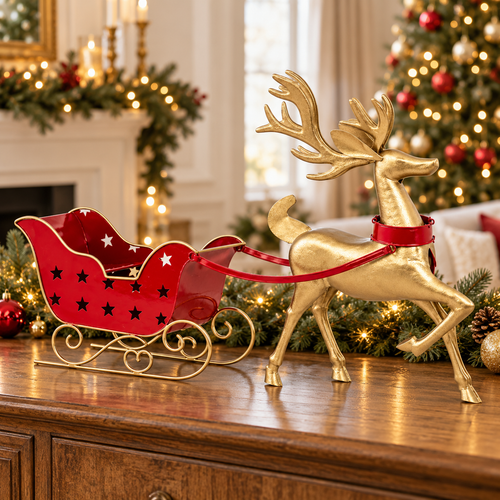 Brown Metal Reindeer with Red Metal Sleigh