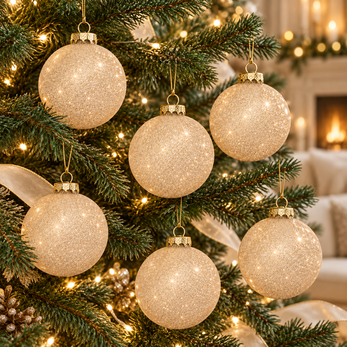Beige Glitter Glass Christmas Baubles – Set of 6
