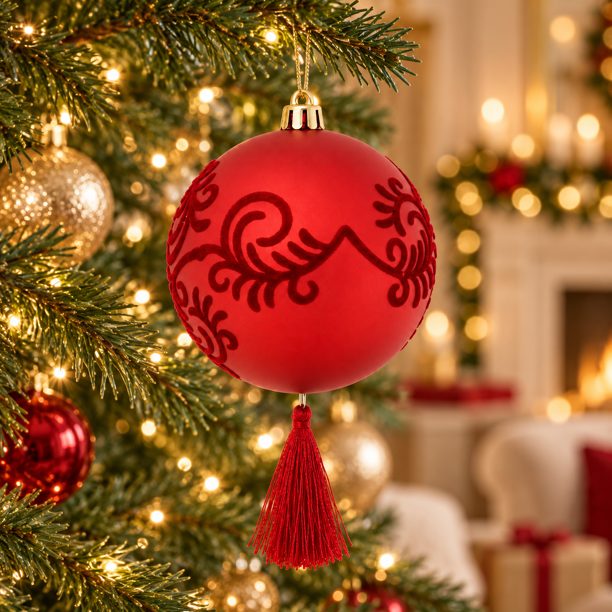 Matte Red Plastic Christmas Bauble with Red Tassel