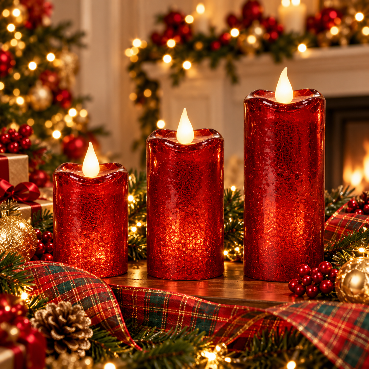 Red Crackle Glass Candle with Two Lighting Modes