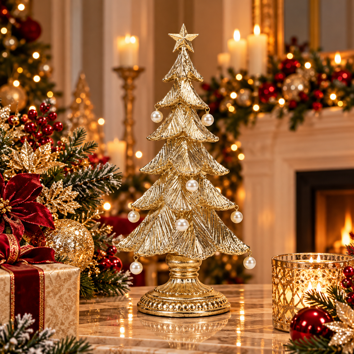 Gold Polyresin Christmas Tree with White Pearls